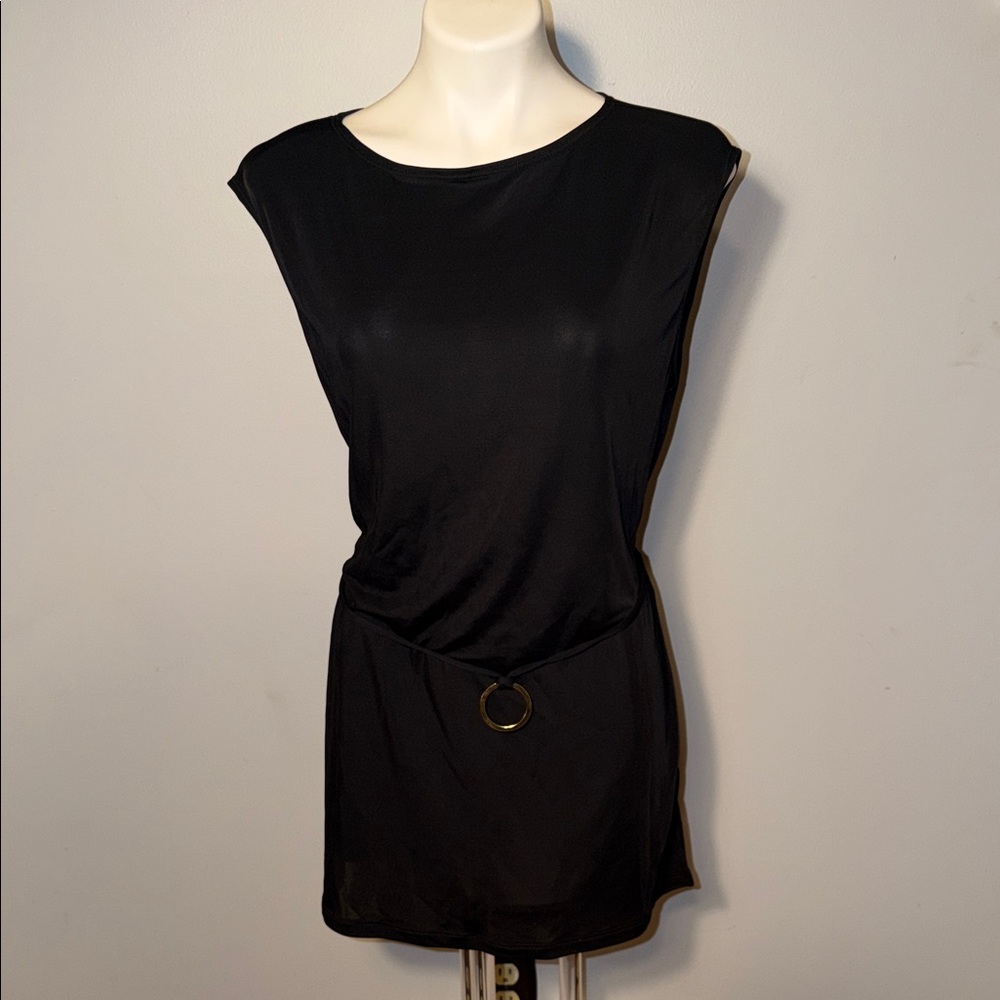 Anne Klein black sheath minidress/long blouse. Medium. Black & gold loop belt.